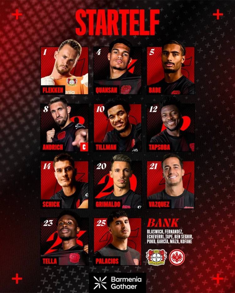 勒沃库森vs法兰克福首发:宽萨、巴斯克斯、希克出战